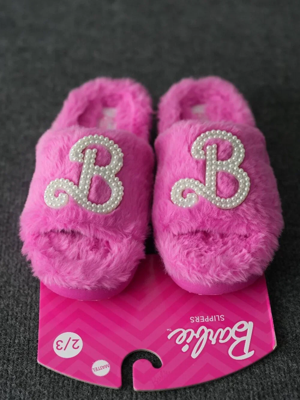 Barbie Pink Fuzzy Pearl Logo Indoor/Outdoor Memory Foam Slippers Kids Youth 3